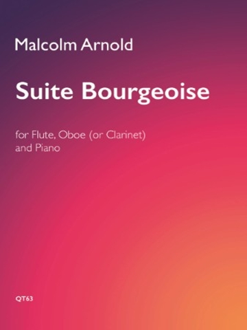Cover of the sheet music for 'Suite Bourgeoise' by Malcolm Arnold, for Flute, Oboe (or Clarinet) and Piano, with the publisher's reference QT63. The primary colors in this image are various shades of pink and purple, transitioning in a gradient from a darker purple at the top to a vibrant pink at the bottom