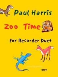 An image of the sheet music cover for "Zoo Time for Recorder Duet" by Paul Harris, published by Queen's Temple Publications. The cover is yellow and features illustrations of a ferret, a tiger, a blue lizard, and a fox. The text on the cover reads "Paul Harris," "Zoo Time," "for Recorder Duet," "Queen's Temple Publications," and "QT74".