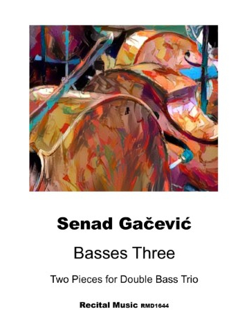 An abstract painting with warm tones of orange, brown, and blue, suggesting musical instruments or abstract shapes, above the following text: Senad Gačević Basses Three Two Pieces for Double Bass Trio Recital Music RMD1644