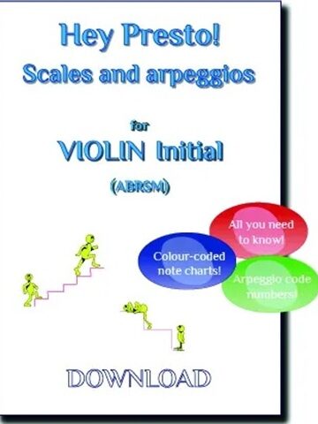This image is a cover for a violin scales and arpeggios book compatible with ABRSM grade 1. It features the text "Hey Presto! Scales and arpeggios ABRSM VIOLIN Grade 1" and three coloured bubbles with the text "All you need to know!", "Colour-coded note charts!", and "Arpeggio code numbers!". There are also small yellow figures walking up and down stairs.
