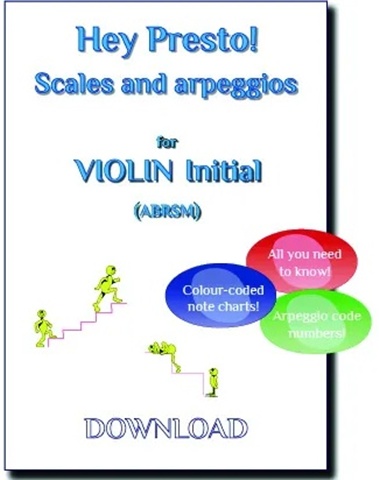 This image is a cover for a violin scales and arpeggios book compatible with ABRSM grade 1. It features the text "Hey Presto! Scales and arpeggios ABRSM VIOLIN Grade 1" and three coloured bubbles with the text "All you need to know!", "Colour-coded note charts!", and "Arpeggio code numbers!". There are also small yellow figures walking up and down stairs.