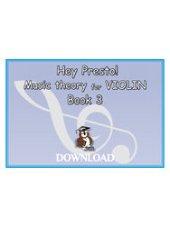 Cover of 'Hey Presto! Music theory for VIOLIN Book 3' featuring a cartoon owl wearing a graduation cap, sitting on books, with a large treble clef in the background. The text 'DOWNLOAD' is at the bottom." The mian colour is pale blue.