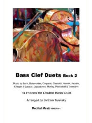 A book cover titled "Bass Clef Duets Book 2" featuring an abstract, colorful image at the top. Below the title, the text reads: "Music by Bach, Boismortier, Couperin, Gastoldi, Handel, Jacotin, Krieger, di Lassus, Luppachino, Morley, Pachelbel & Telemann". Further down, it states: "14 Pieces for Double Bass Duet Arranged by Bertram Turetaky" and "Recital Music RMD1091".