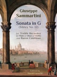 The image is a book cover titled "Giuseppe Sammartini Sonata in G (Sibley No. 12) for Treble Recorder (or Flute or Oboe or Violin) and Basso Continuo Edited by David Lasocki." The background features a painting of a cityscape with a river, boats, and people in 18th-century attire on a balcony overlooking the scene, framed by two large stone arches