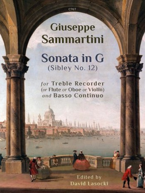 The image is a book cover titled "Giuseppe Sammartini Sonata in G (Sibley No. 12) for Treble Recorder (or Flute or Oboe or Violin) and Basso Continuo Edited by David Lasocki." The background features a painting of a cityscape with a river, boats, and people in 18th-century attire on a balcony overlooking the scene, framed by two large stone arches